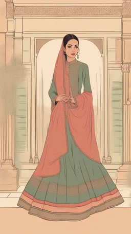 AN ILLUSTRATION OF a girl wearing mehdi lehnga dress