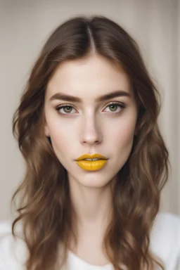 a portrait of a girl with brown hair and large brown eyes and big yellow lips in her 20s