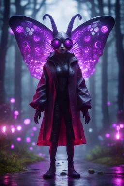 Volumetric forest fog gremlin kangaroo butterfly fairy lights,paradise sacred geometry framed playing card, black, red, spore and purple neon fire cyber punk dancer thief in soaked rain coat shadows boss card in the style of giger and fallout 4 ,,bokeh like f/0.8, tilt-shift lens 8k, high detail, smooth render, down-light, unreal engine