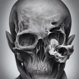 portrait of a man with a integrating face showing his skull while hands claw at his body, black and white, digital painting.