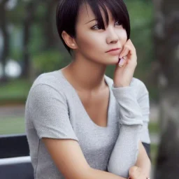 Pretty sexy woman, setting in the bench, park place, deep grey eyes, looking in side view, sexy dress, nice nose, pretty lip, simi smile, pointed ears, white skin, white simi gold hair, medium hair, nice neck, sexy soulder, medium breast size, simi full body portrait