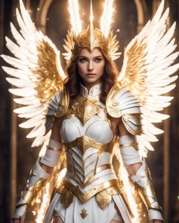 front Shot a beautiful lady angel dressed in armor and headdress with sparks, in the style of charming characters, light white and light gold, glamorous dress, aurorapunk, rtx on, half body, li-core, portrait