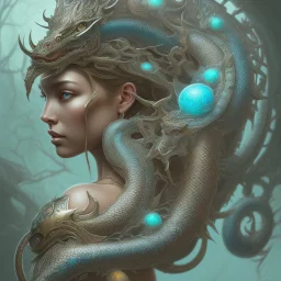 sango fantasy, fantasy magic, intricate, sharp focus, illustration, highly detailed, digital painting, concept art, matte, artgerm and paul lewin and kehinde wiley, masterpiece silver dragon head bronze African nice breast Afo woman turquoise waves