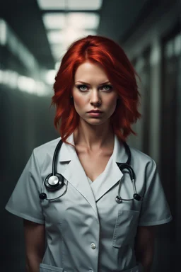 Portrait of a pretty young nurse with red hair, angry expression, photorealistic