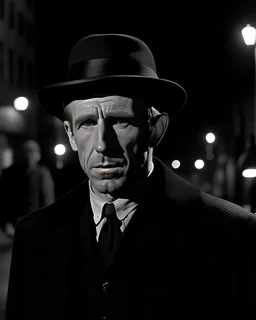 a standing figure young Jason Robards wounded face without a beard with a bowler hat dressed in elegant black in London at midnight