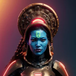 Maori cyber woman, sci-fi, rounded face, blood, black, gold, brown, samurai helmet, decorative color feathers, retro, circuits, neon style, led lights, leather, vibrant color, highly detailed, art stations, concept art, smooth, unreal engine 5, god rays, ray tracing, RTX, lumen lighting, ultra detail, volumetric lighting, 3d, finely drawn, high definition, high resolution.