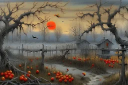 arafed whimsical folk art: post-apocalyptic grey tones, serene overgrown landscape at dawn, end of humanity, wild plum trees, tremulous white blossoms, soft mist, gentle rain, a vibrant robin with glowing fiery red feathers perched on a rusted low fence-wire in the foreground, swallows circling, damp dark earth, abandoned decaying wooden posts fading, soft ethereal dawn, pastel tones, scarce fiery red tint, heavy rust vibe, scrap metal vibe