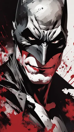 poster in two gradually, a one side half face Batman dark tones and other side half face Joker darkred tones, painting by Yoji Shinkawa,