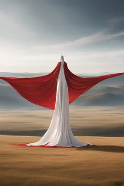 Giant massive huge in stature, majestic entity, hovering and floating over a large field landscape. the entity wears a white and red draped fabric that has printed on the material resembling stars. the fabric has also technological elements. you can see how big it is compared to a tiny human standing in front of it