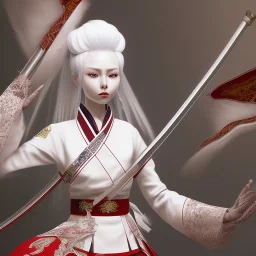 UHD, hd, 8k, hyperrealism, Very detailed, zoomed out view, full character in view, white hair female demon character wearing a hanbok with a white top and long red bottom, she holds a katana in her right hand, she stands in front of a Japanese style palace digital art, anime, full details