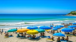 Coastal summer scene: people enjoying themselves under the shade of bright parasols on light sand and deep blue sea.