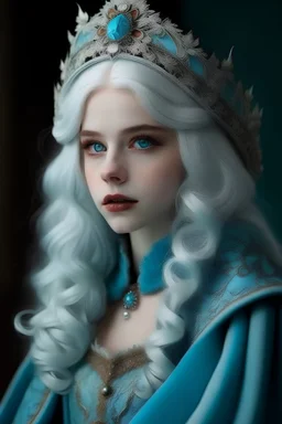 The beautiful girl with luxurious snow-white hair is very old-fashioned. She is famous for her beautiful eyes. Despite her royal lineage, her demeanor exudes youthful innocence and curiosity. Clad in Tudor-inspired attire, including a French hood and pale blues and teals, she embodies timeless elegance amid