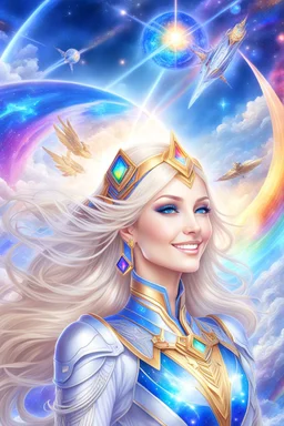 cosmic woman angels smile,admiral high commander from the future, one fine whole face, crystalline skin, expressive blue eyes,rainbow, smiling lips, very nice smile, costume rainbow pleiadian, Beautiful tall woman pleiadian Galactic commander, ship, perfect datailed golden galactic suit, high rank, long blond hair, hand whit five perfect detailed finger, amazing big blue eyes, smilling mouth, high drfinition lips, cosmic happiness, bright colors rainbow, blue, pink, gold, jewels, realist,8k