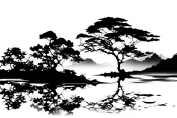 silhouette white background of beatuful scenic picture from a distance scenery painting