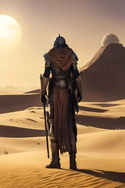 [tattoo covered youthful sentinel] The twin suns sink low on the horizon as Tarren Dustwalker stands sentinel upon the dune, inked flesh shifting in their dying light. He is the last guardian of Tatooine now, all other Defenders fallen these past moons. Tarren's tattoos witness that long he has kept his lonely vigil here. His keen eyes note every grain of sand, searching for any threat borne on the fading breeze. One hand rests lightly upon the haft of his well-worn axe, callused fingers wrappin