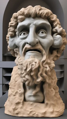 Ceramic style statue all colours are dark grey of an old church man from the 1200 BC , the head of dead man with thick curly hair and his eyes are open wide smiling