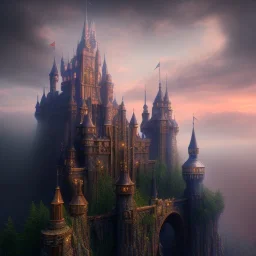 fantasy castle,utra realistic,highly detailed, masterpiece, sharp focus, fantasy art, royalistic,elegant, fog, Special Lighting,volumetric lighting, Vibrant, color Scheme, forest, trending on artstation, ultra photoreal,hypermaximalist, unreal engine