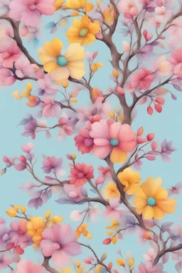 floral tree branch with pink, pruple,yellow,red,turquise pastel colours