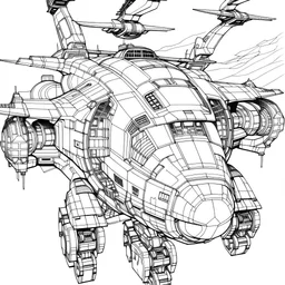 outline art for space war ship coloring page for kids, classic manga style, anime style, realistic modern cartoon style, white background, sketch style, only use outline, clean line art, no shadows, clear and well outlined