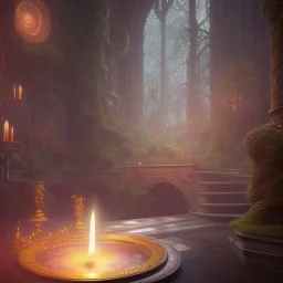 fantasy concept art, dynamic lighting, Intricately detailed, Splash screen art, deep color, Unreal Engine, volumetric lighting, fantasy library artwork, indoors, cozy, black leather, black marble, Fantasy library artwork, white candles, white silk, vines, moss, sigils, stained glass windows,