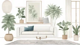 generate a mood board ithat conveys safety and security with one sofa, one coffee table, and one rug and plants in a Mediterranean style