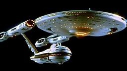 a screen capture from a star trek movie of a battle-damaged starship enterprise IN the year 2380 IS IN A BATTLE with monster ufos sci-fi meticulous, highly-polished, photorealistic, studio production, intricately detailed, GALACTIC, directed by gene Roddenberry,