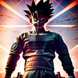 Son-goku standing on a bridge in a cyberpunk setting, cyber punk, close-up face, realistic, unreal engine