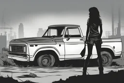 girl, standing, silhouette, comic book,post-apocalypse, gray background, pickup truck,