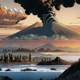 Comic panel. Montevideo. Japanese volcano at background. Bay, ancap, refinery oil.