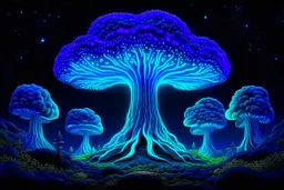 großer laubbaum der von innen blau leuchtet, galaxie im hintergrund, mushrooms and trippy landscape, neon farben die im schwarzlicht leuchten, psychodelisch, trippy, uv reactive, 8k render, ultrarealistic masterpiece, glowing in the dark,