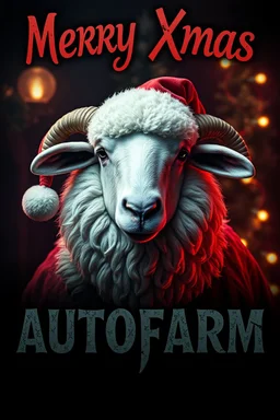 "Create a dark, atmospheric 1990s-style movie poster featuring a festive sheep with sinister Santa characteristics. Capture the eerie and haunting aesthetic of an A24 film, blending holiday cheer with a touch of mystery. Display 'Merry Xmas Autofarm' prominently in bold, gothic letters, framed by dim, eerie lights and unsettling Christmas motifs. Use muted, nostalgic colors and shadowy design elements to evoke a sense of retro holiday suspense and dark intrigue