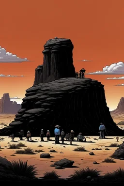 giant black rock with pepe on the top smoking in the desert with small people around n the style of Hiroshi Nagai