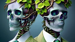 Surreal Couple Made Of Metal Skeletons With Flowering Vines Growing Through; Wearing Blue Gray Green Striped Business Suits With Paisley Shirts And Ties; Surreal, Intricately Detailed, Beautiful, Colorful