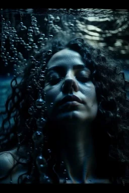 a beautiful woman, long curly black hair,closed eyes,coming from beneath the water,braking the surface with her face just coming out the water,looking up symbolism for breaking free. realistic,8k quality, action close shot from areal view,highly detailed , chaos 80