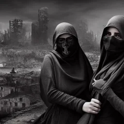 women, faces covered in black masks, ragged clothes, holding flag, war-torn, destroyed city in the background, 8k resolution, hyperrealistic, detailed matte painting, b&w, dynamic lighting, war, anarchy, terrorists