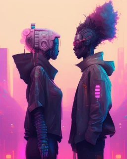 a couple of people standing next to each other on a street, cyberpunk art, inspired by Wadim Kashin, afrofuturism, facing each other, portrait of a robot, nielly, beeple and jeremiah ketner, robot art cracking the road, lowres, solar punk city, lovers, couple