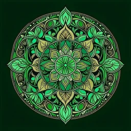 Logo. Mandala style. Round. The logo depicts a mystical botanical motive. Thin lines. Ornament. Rich colors, green