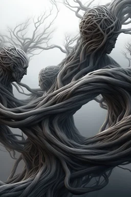 a tangle lots of human figures entwined between a twisted thin piece of cloth, as part of many twisted branches disappearing into the distant mist, epic photo, sharp on highly detailed skin with wrinkles and high contrast, photorealistic, 4K, 3D, realism, hyperrealism, detailed, good lighting, detailed texture, modern photography style, 3D, 4D, 4K --2:3