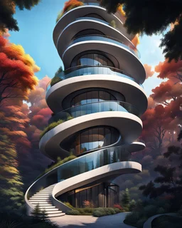 Torre en espiral mirador sobre el bosque, estilo Zaha Hadid, arte grafiti, maximalista, calidad ultra, hiperdetallada, 8k