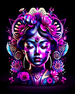 logo design, complex, trippy, bunchy, 3d lighting, 3d, geisha , realistic head, rainbow colorful purple dark blue pink neon, floral, flowers, cut out, modern, symmetrical, center, abstract