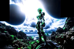 Wide-angle photo of a slim sci-fi woman with blond hair, wearing a silver and black futuristic android-like spacesuit, standing on an alien cloud tree jungle planet