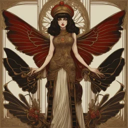 Full Body, Art Nouveau Woman With A Bob With A Fringe Hairstyle, Cleopatra Clothing, Steampunk Metal moth with red wings, Black Background