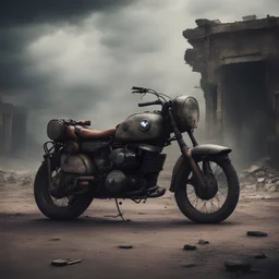 apocalyptic , atmospheric ancient BMW motorcycle with luggage