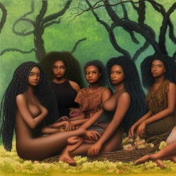 Octane rendered. .a group of women.five young black women sitting around a fire. Black Sisters. Sitting and Standing together. 4k Painting. Detailed. Fine details. the faces of 5 young black women. Young women sitting wood nymphs emerging from the forest. THeir hair looks like vines. Dreadlocs. Their skin is the colour of dark soil. their skin looks like tree bark. Their clothing is made of vines, grass and leaves.