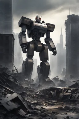 Giant Gundamn robot in the wreckage of a city, photorealistic