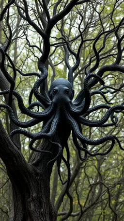 A lot of tree branches in the background of black vein, human veins, mixing together a lot of them, like a forest, big and small veins a lot of them, a black creature looks like an octopus with many arms
