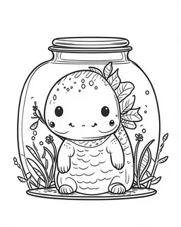 cute axolotl life in jar minimalistic, line art, background, vector, svg, coloring book page style, black outline on white background