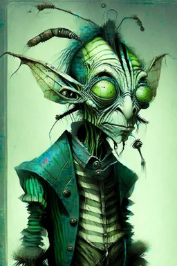 Artist Jean-Baptiste Monge style. A old biomorph male humanoid with Ant face. Bright eyes. A green and blue striped outfit. Modifiers: Tim Burton Craig Rutkowski