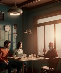 Realistic scene, American shot view, 0 gravity, levitating man and woman sitting in cafeteria and having breakfast, Wes Anderson, soft color, highly detailed, unreal engine 5, ray tracing, RTX, lumen lighting, ultra detail, volumetric lighting, 3d, finely drawn, high definition, high resolution.