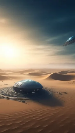 realistic photo of a landscape covered in sands that looks futuristic with futuristic lighting , spaceship with few aliens shadows around